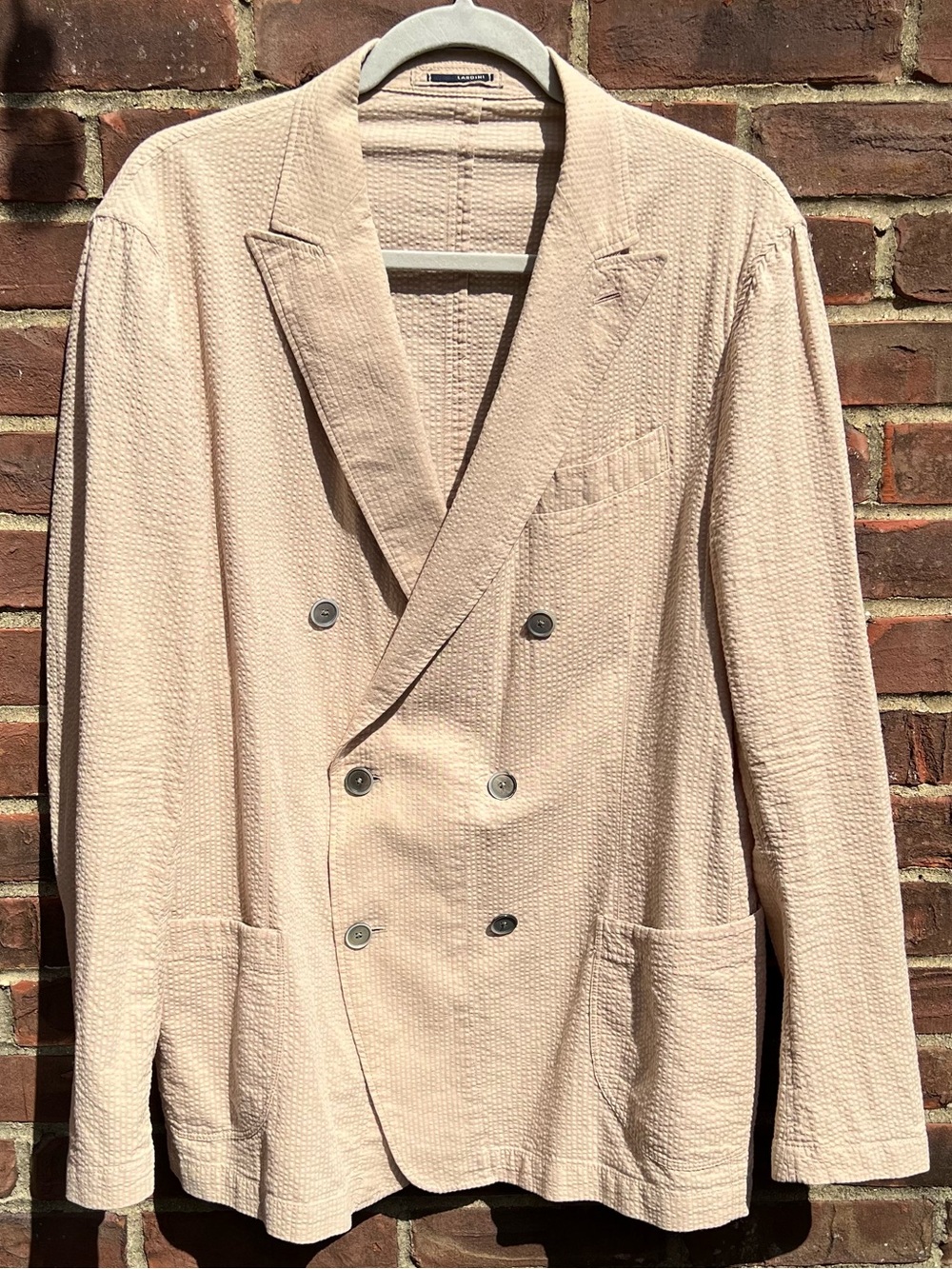 Lardini Double-Breasted Cotton Seersucker Casual Blazer Sz IT 54 Italian Luxury
